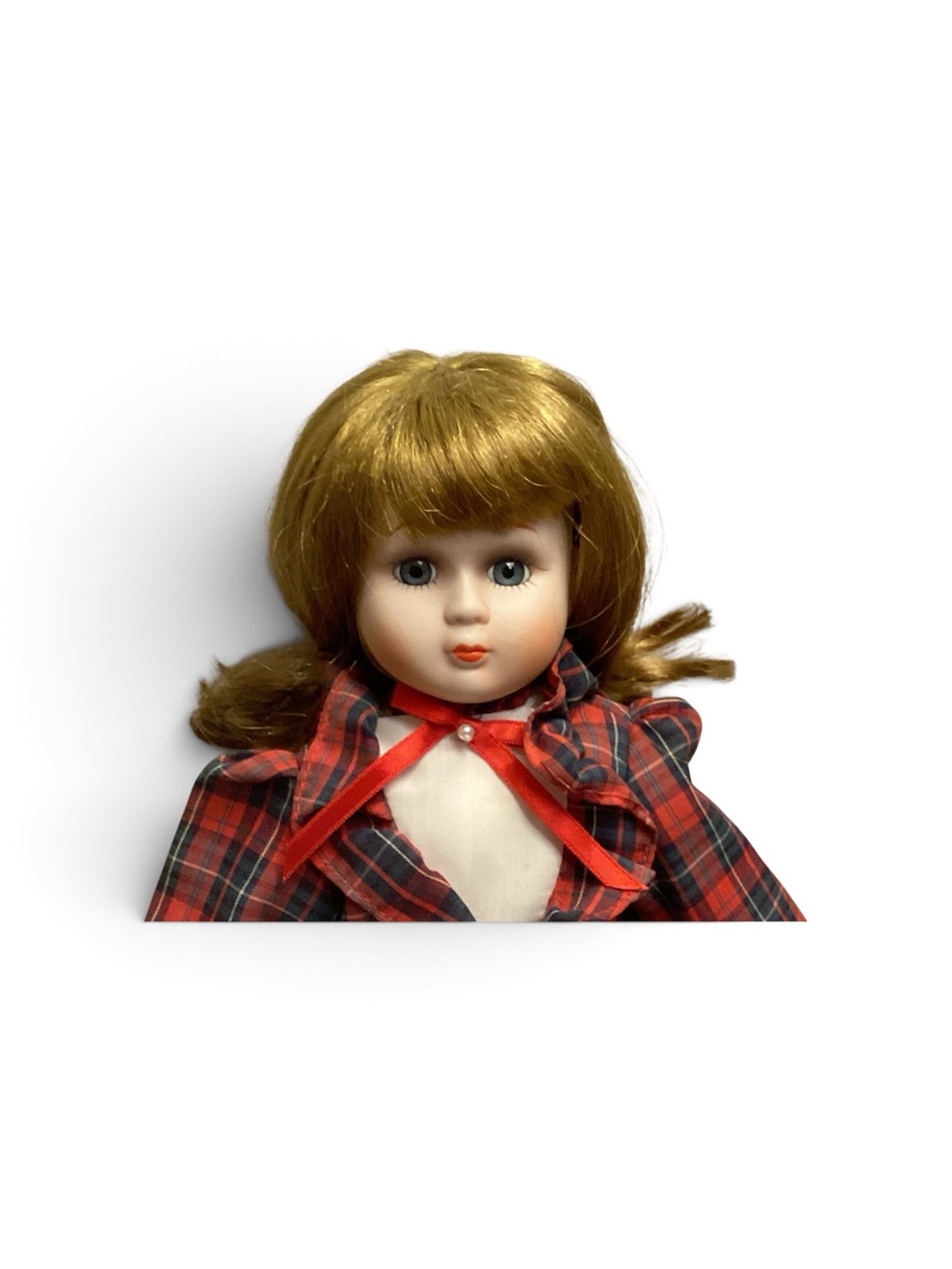 Doll Collectible  Porcelain face & hands in Red Plaid Dress